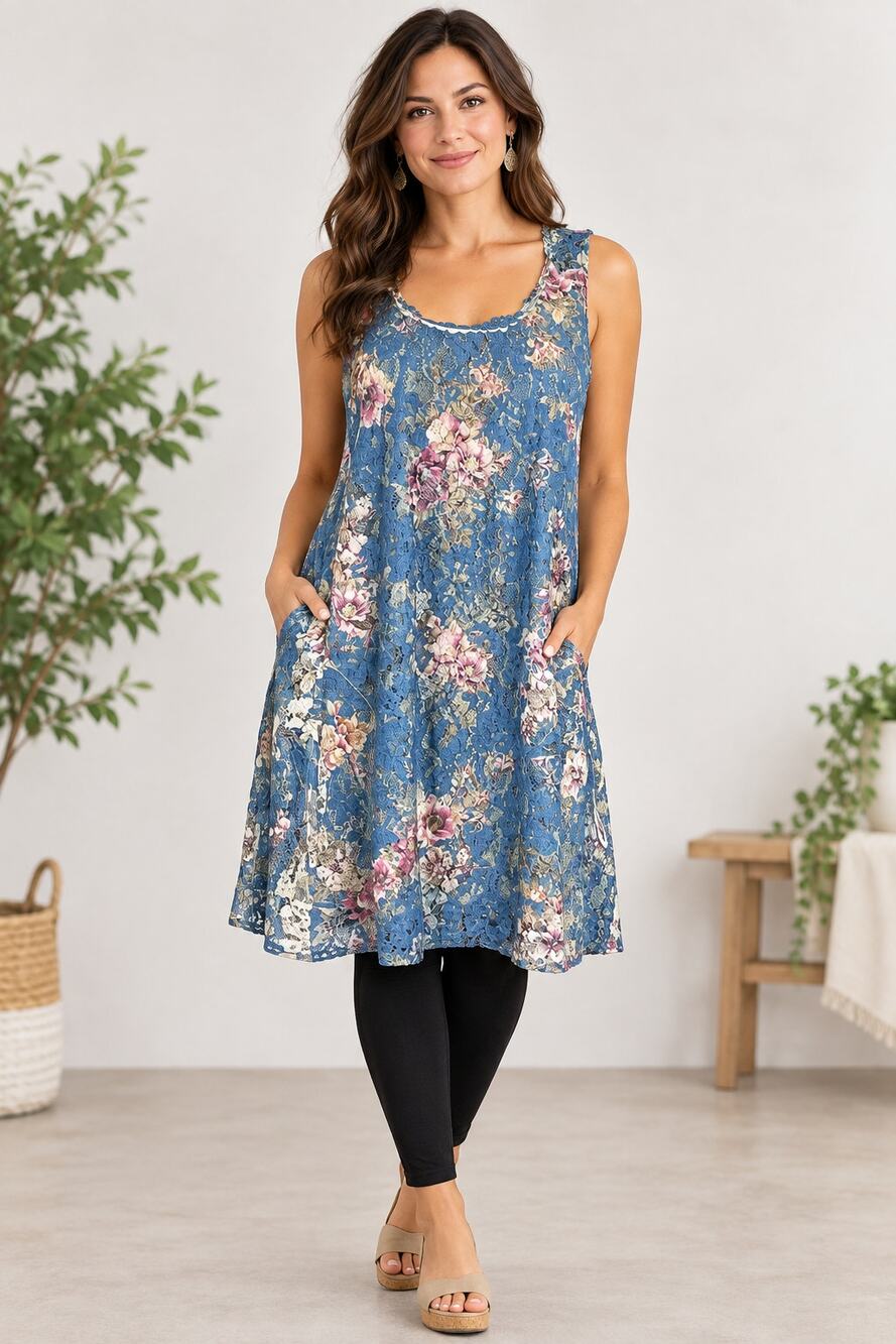 Origami Blue Floral Lined All Lace Tunic Dress with Pockets Small/Medium